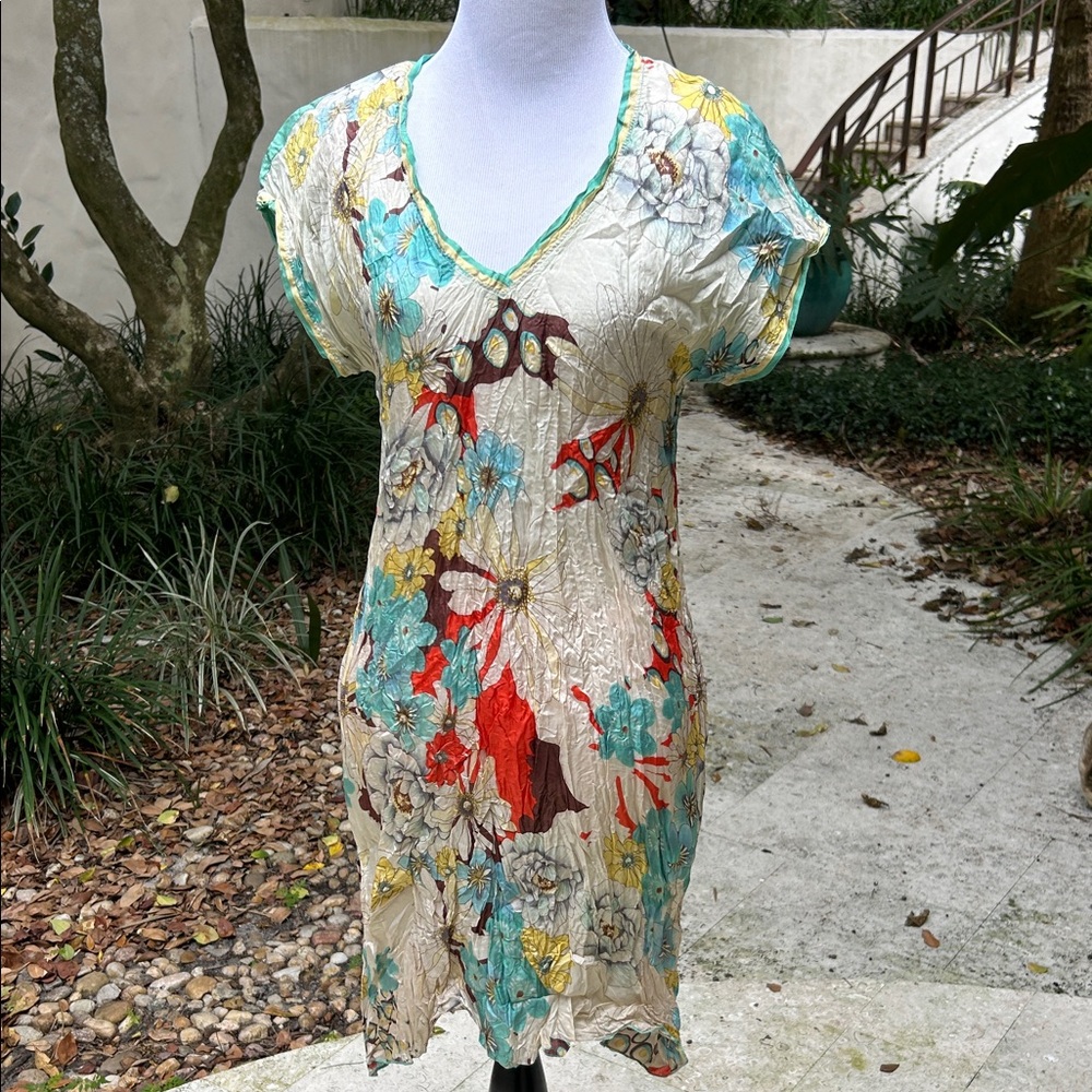 Johnny Was Cream Floral Crinkled V-Neck Dress with Teal and Red Accents